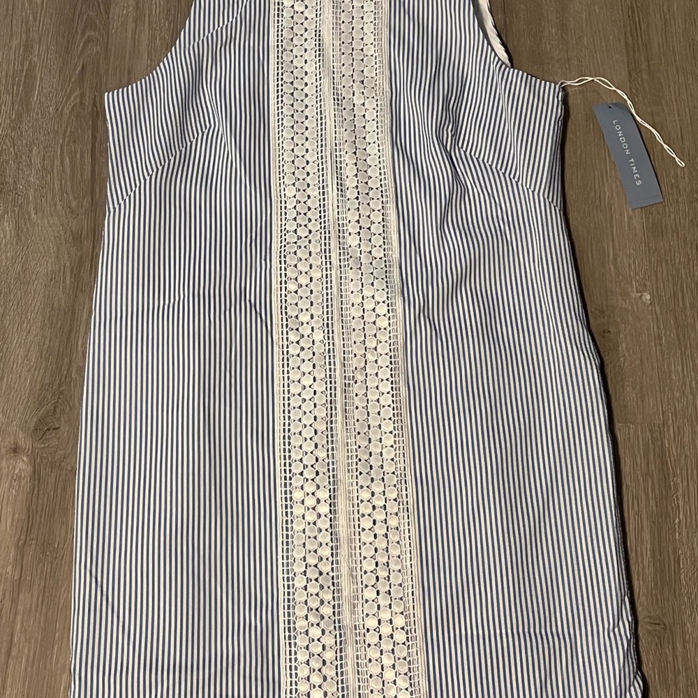 London Times Blue and White Striped Dress with Lace Accent - Picture 6 of 8